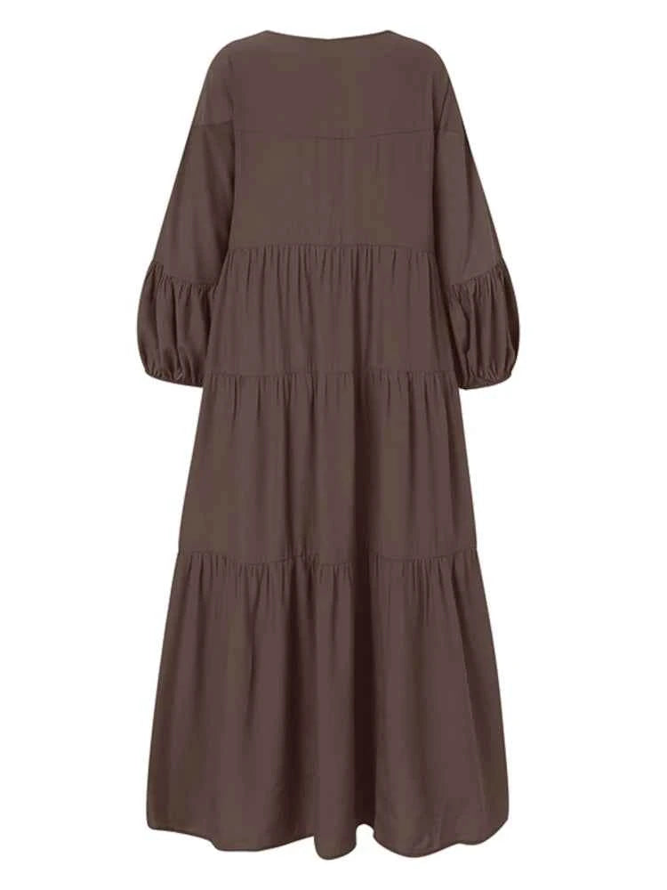 ZANZEA Vintage Ruffle Dress Women's Spring Sundress Casual Puff Sleeve Maxi Vestidos Female V Neck Robe Elegant Long Dresses
