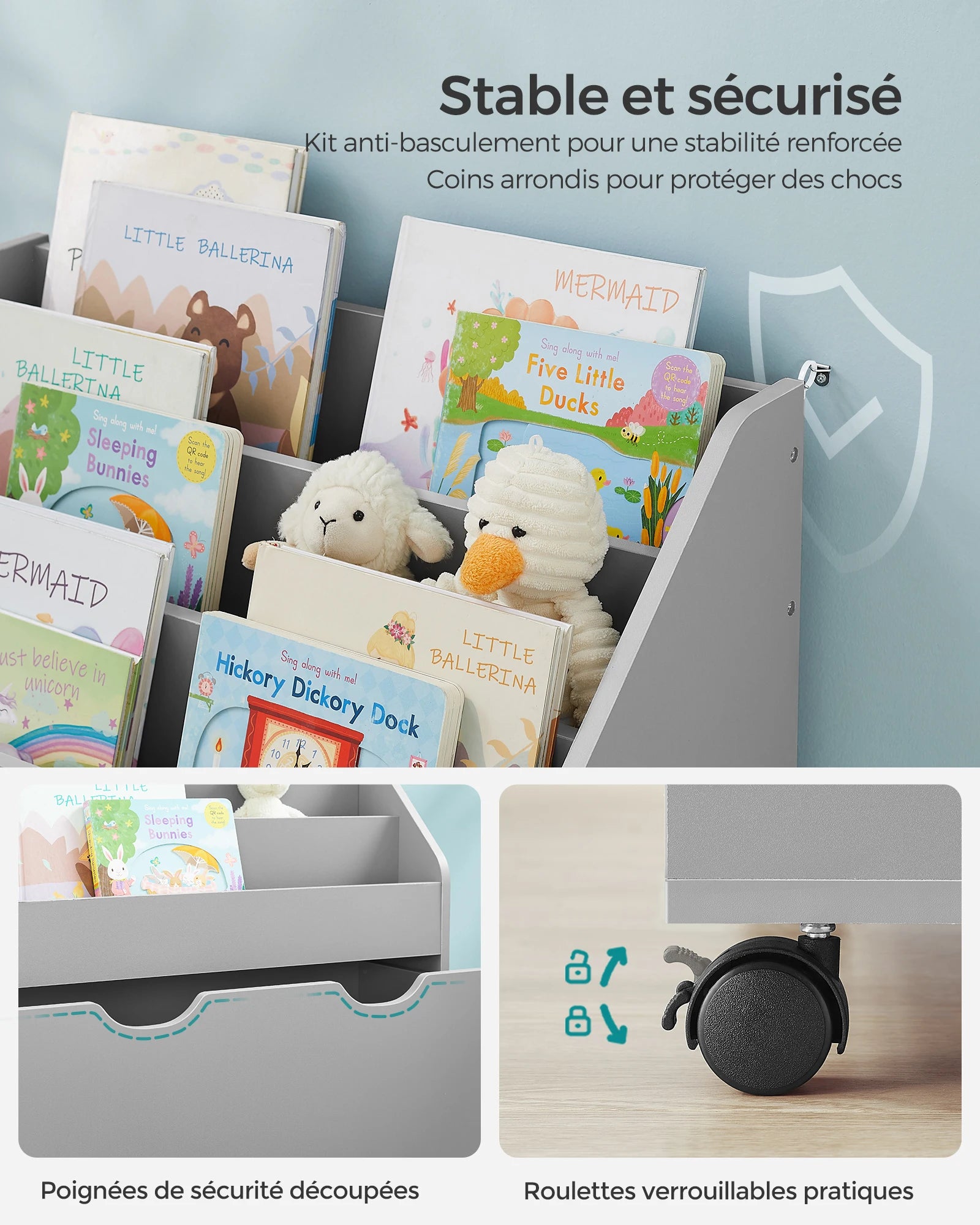 SONGMICS Kids Bookshelf and Toy Organiser, Toy Storage Chest and Bookcase with 3 Shelves, Storage Box with Wheels, Multipurpose