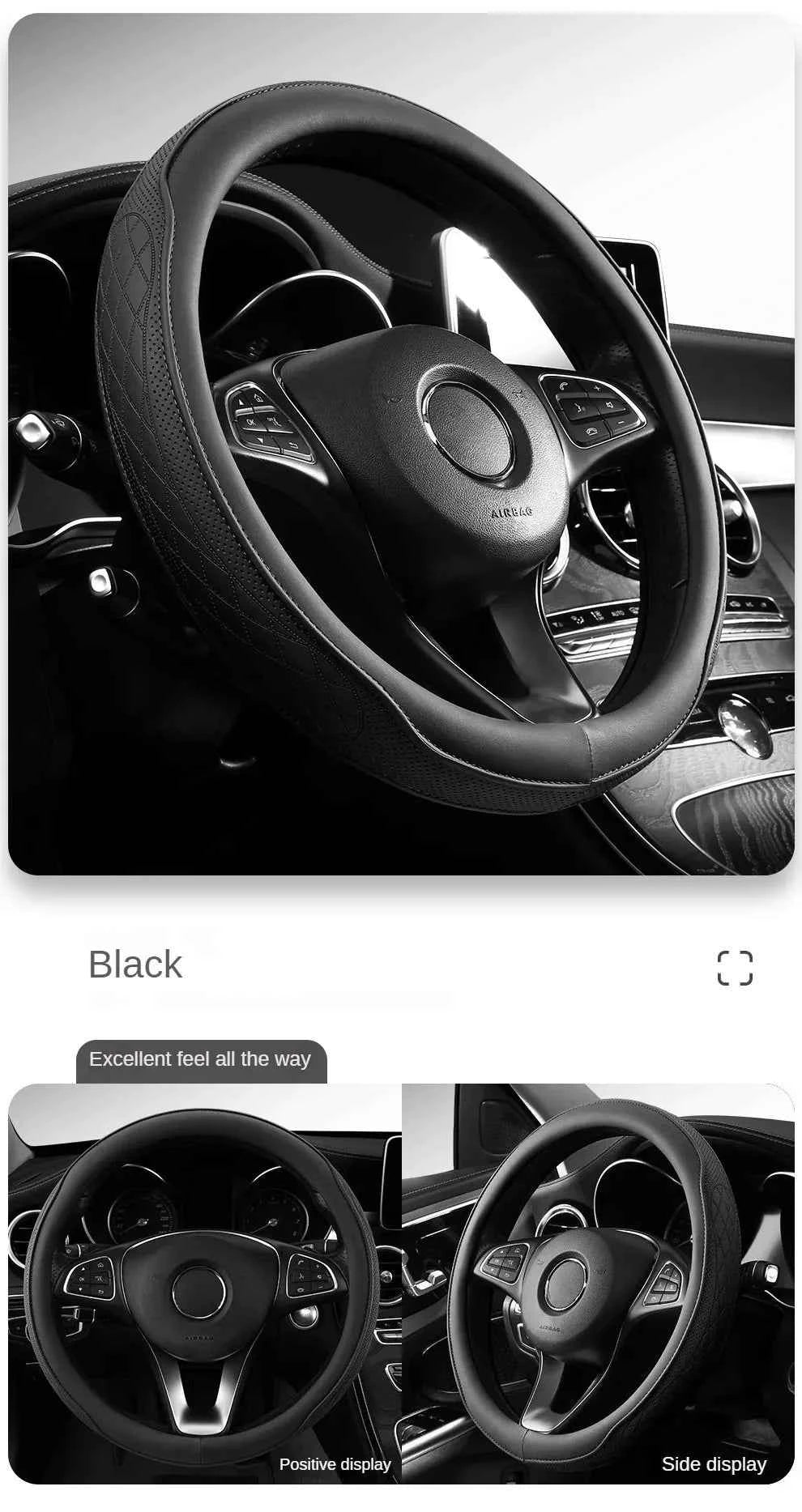 Embossed PU Leather Patchwork Car Steering Wheel Cover, Non-slip, Breathable, Universal 15 Inch (Approx. 38cm)