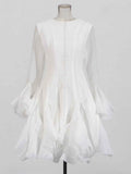TWOTWINSTYLE Solid Spliced Button Slimming Dresses For Women O Neck Long Sleeve High Waist Patchwork Ruffles Female Fashion New