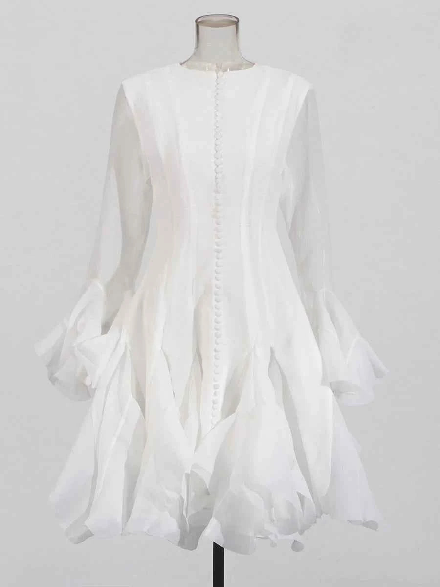 TWOTWINSTYLE Solid Spliced Button Slimming Dresses For Women O Neck Long Sleeve High Waist Patchwork Ruffles Female Fashion New