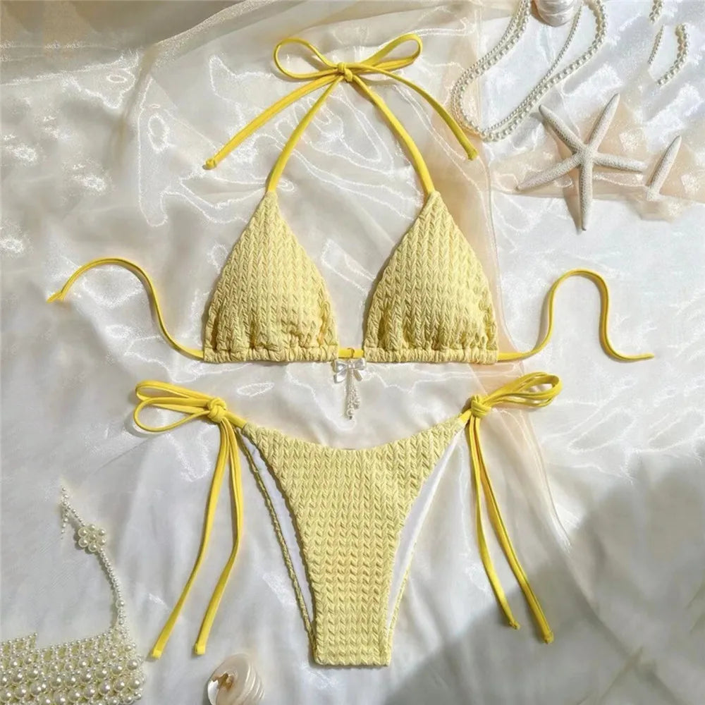 Yellow Halter String Triangle Micro Bikini Thong Solid Swimwears Bow Pearl Sexy Swimsuit Women Bathing Suit Bikinis Sets 2026