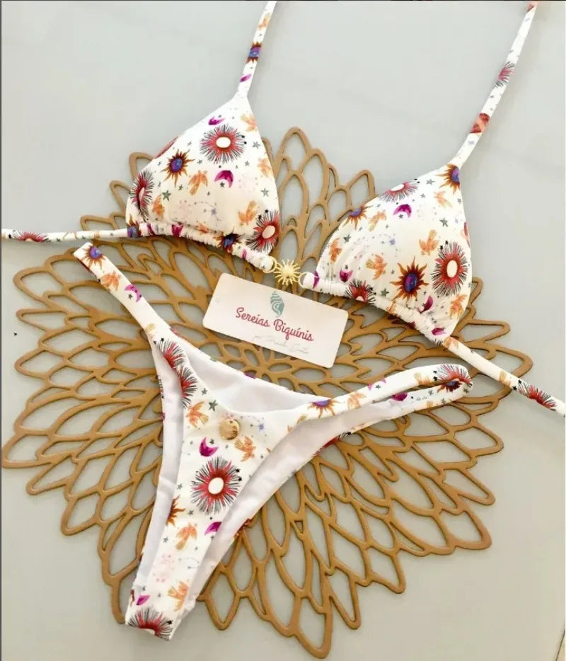 Print Sexy Bikini Sets Halter Lace-up Tops Thongs Beach Style Bathing Suit Y2k Swimsuits Women Beachwear Купальник Женский