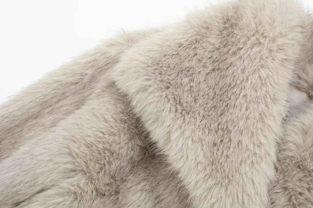 HH Women Fashion Cropped Faux Fur Jacket Coat Long Sleeve Front Snap-button Female Outerwear Chic Lapel Collar Thick Coat