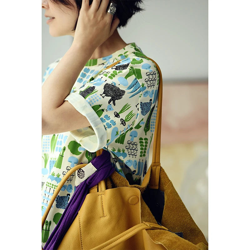 MICOCO T5310C Literary style fresh cartoon print loose crew neck short sleeve T-shirt women