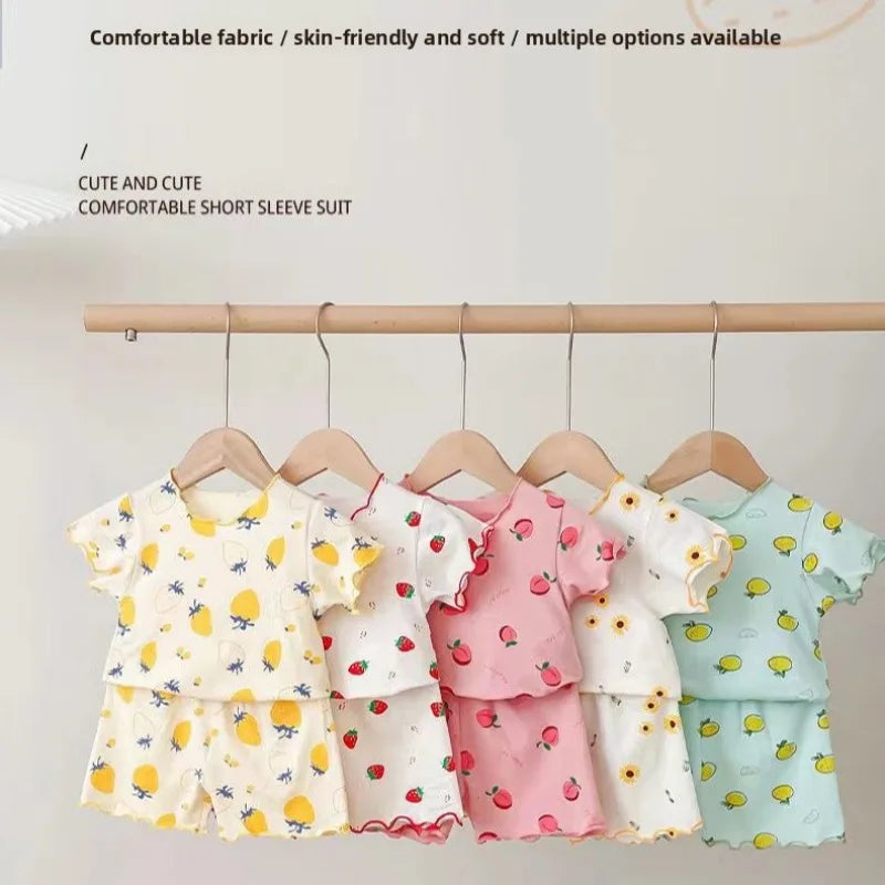 Baby Girl Strawberry Pajamas Set Summer Short Sleeve Thin Two Piece Toddler Kids Sleepwear Infant Home Wear Clothes