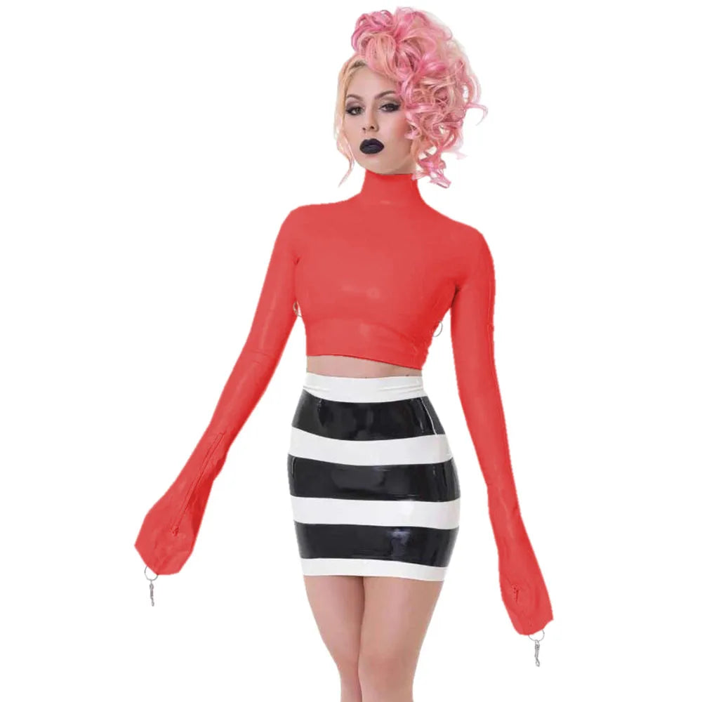 Sexy Crop Tops with Finger High Neck, Slim Skinny Leather, PVC Short Shirts, Vinyl Sexy Top with Lock Key, Club Night