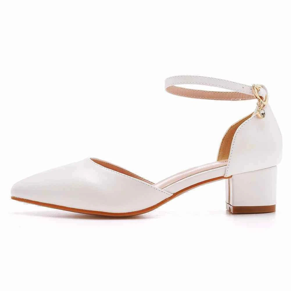 Crystal Queen Women 7CM Thick High Heels Sexy Pumps White Wedding Bride Shoes Pointed Toe Buckle Strap Sandals