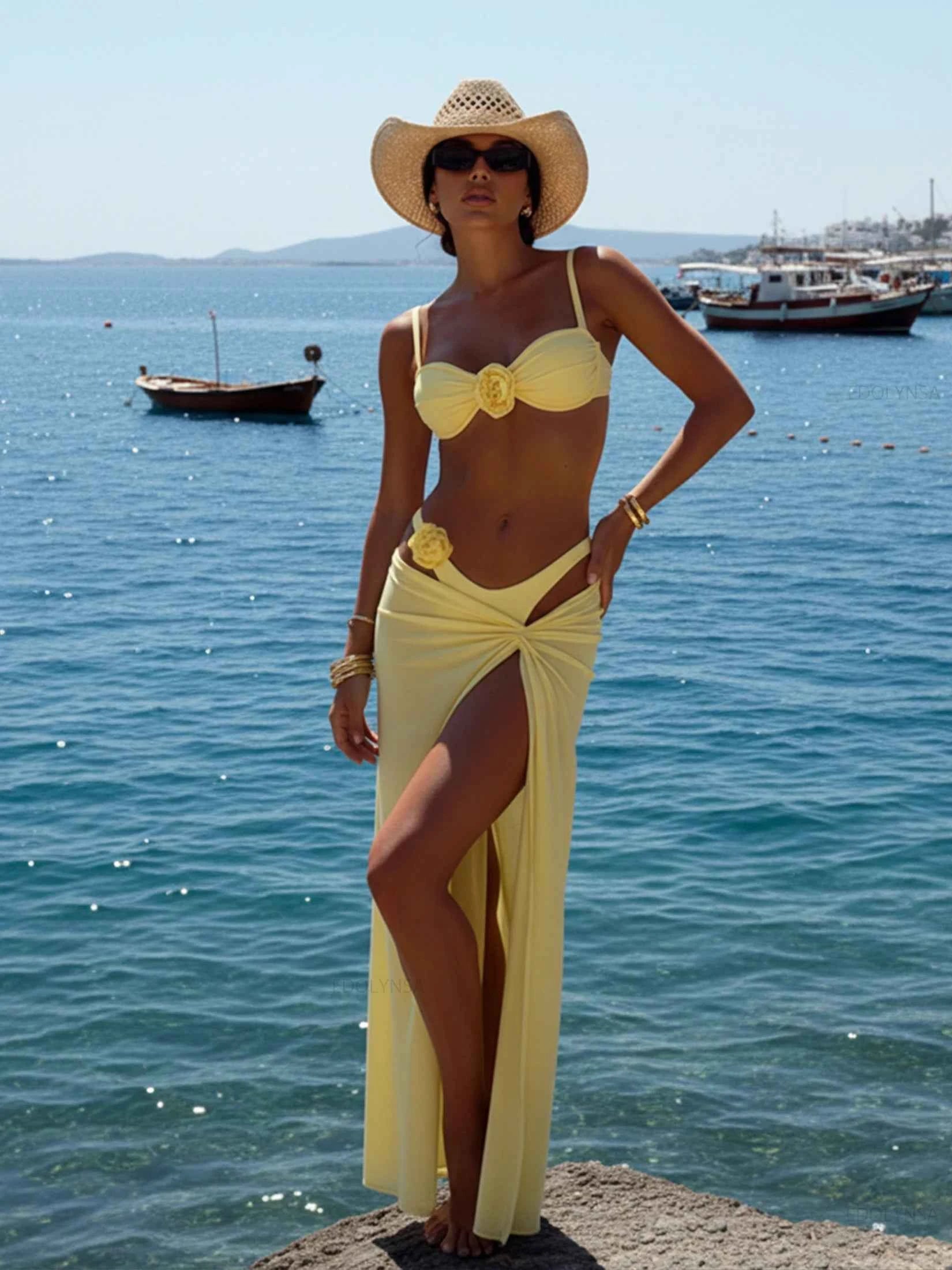 Butter Yellow 3-Piece Bikini Set Flower Chi Bathing Suit with Long Skirt Coverup Beach Outfit Resort Wear 2025 New Swimsuit K303