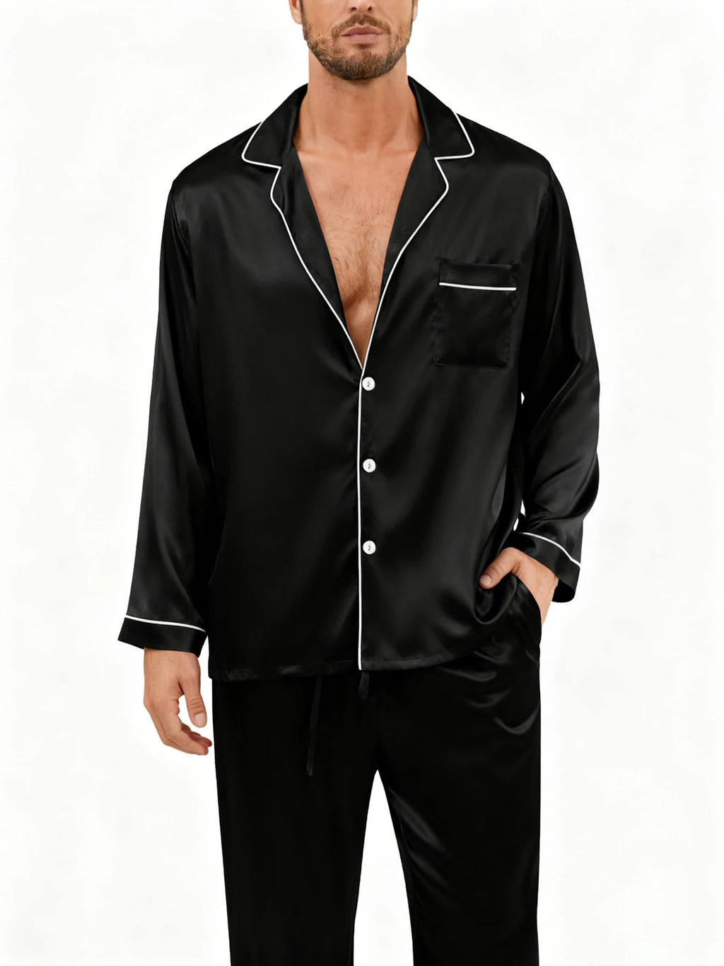 Men's Luxury Pajama Set with Contrast Trim Long Sleeve and Pockets Pants Comfortable Loose-Fit Pajamas for Men Sleepwear Sets