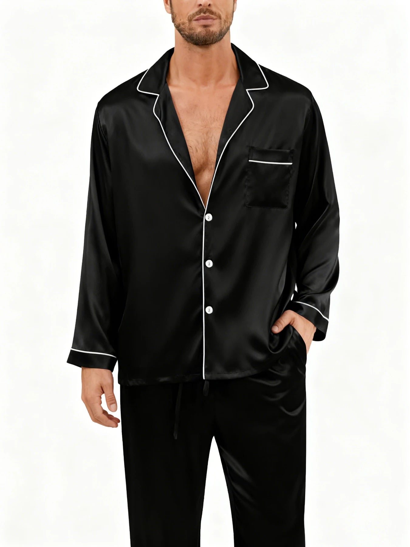 Men's Luxury Pajama Set with Contrast Trim Long Sleeve and Pockets Pants Comfortable Loose-Fit Pajamas for Men Sleepwear Sets