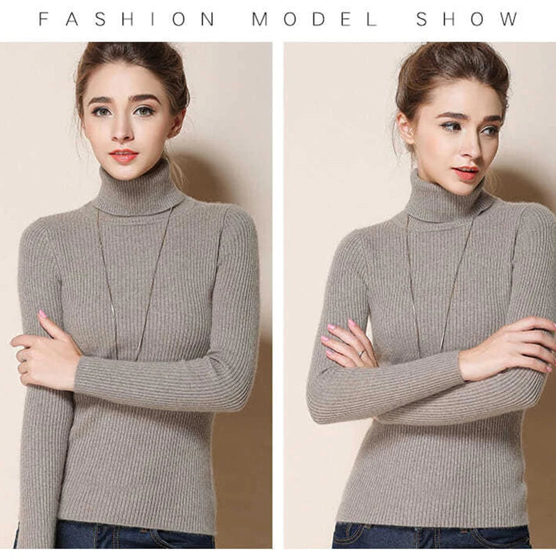 2026 Simple Women Turtleneck Sweater Winter Fashion Pullover Elastic Knit Ladies Jumper Casual Solid Black Female Basic Tops