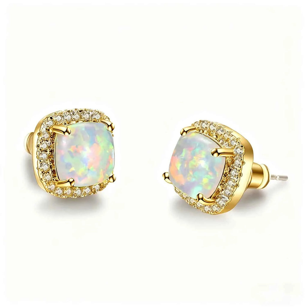 Multi-Color Available Opal Stone & Zirconia Earrings,Elegant Square Opal Studs,Silver Color Daily Luxury Jewelry,Gift for Women