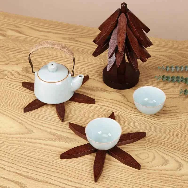 Tree Shape Wooden Trivet Set 4 Trivets + 1 Stand for Hot Dishes Natural Foldable Kitchen Trivet for Pot Bowl Teapot Hot Pot Hold