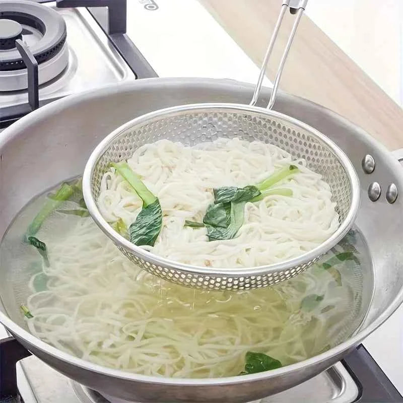 Stainless Steel Colander with Wooden Handle - Fine Mesh Skimmer Spoon for Cooking, Food Prep  Grease Filtering for Pasta Noodles