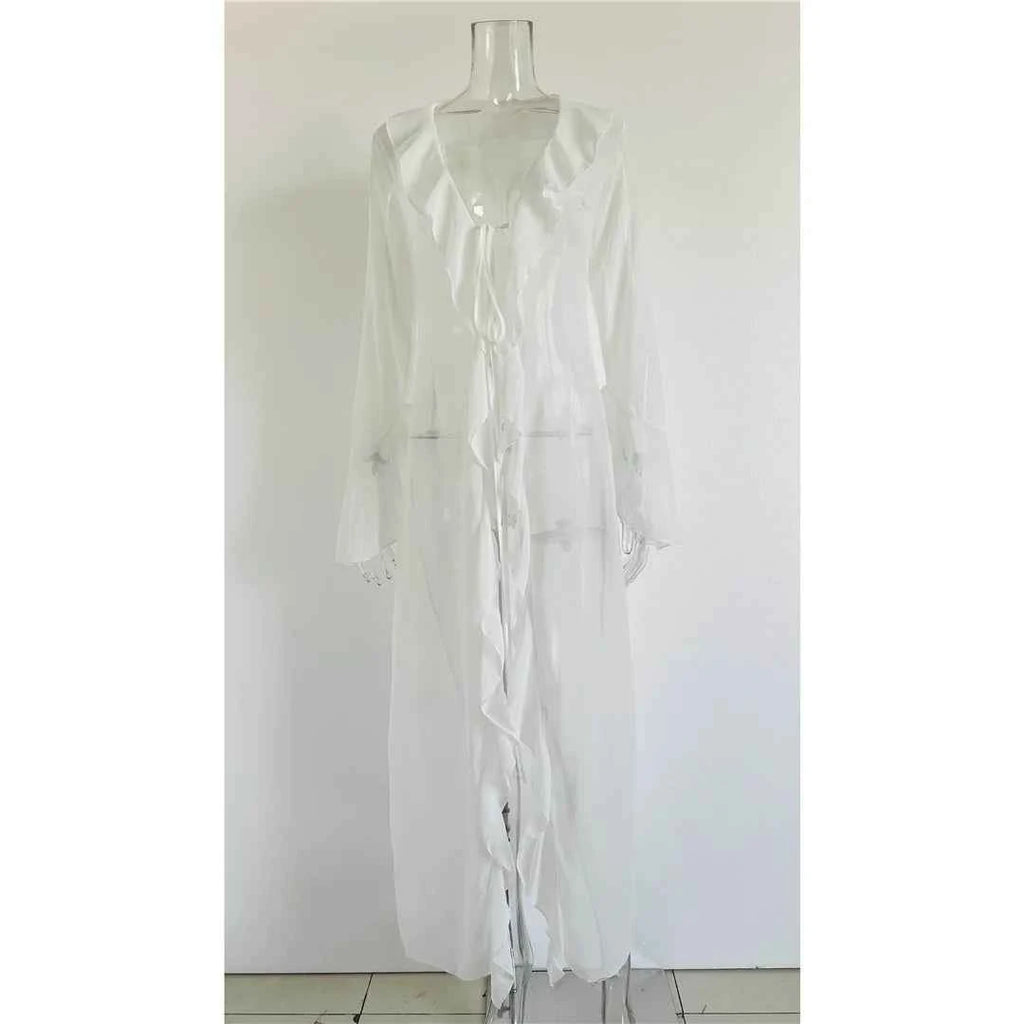 Women's V Neck Ruffled Long Sleeve Dress Chiffon Tunic Beach Cover Up Cover-ups Beach Dress Sunscreen Beachwear Vacation V5976B