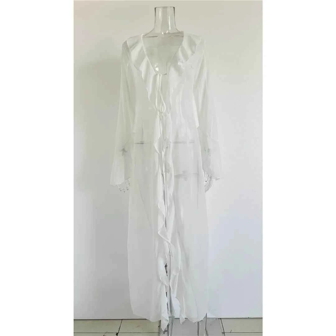 Women's V Neck Ruffled Long Sleeve Dress Chiffon Tunic Beach Cover Up Cover-ups Beach Dress Sunscreen Beachwear Vacation V5976B
