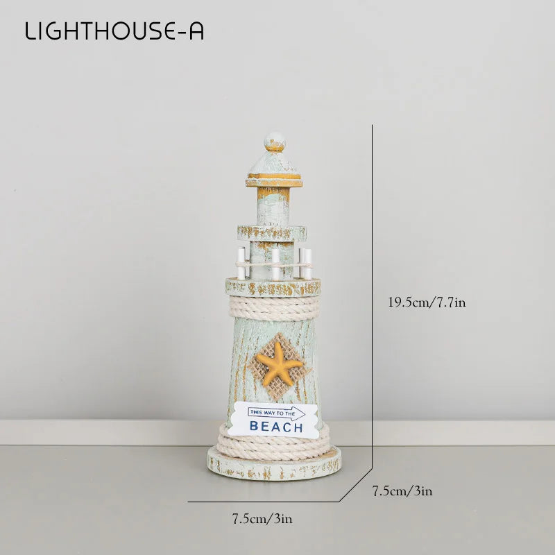 Mediterranean Style Home Decoration Figurines Desktop Ornaments Ocean Wooden Lighthouse Model Wood Ship Crafts Wall Decor Plaque