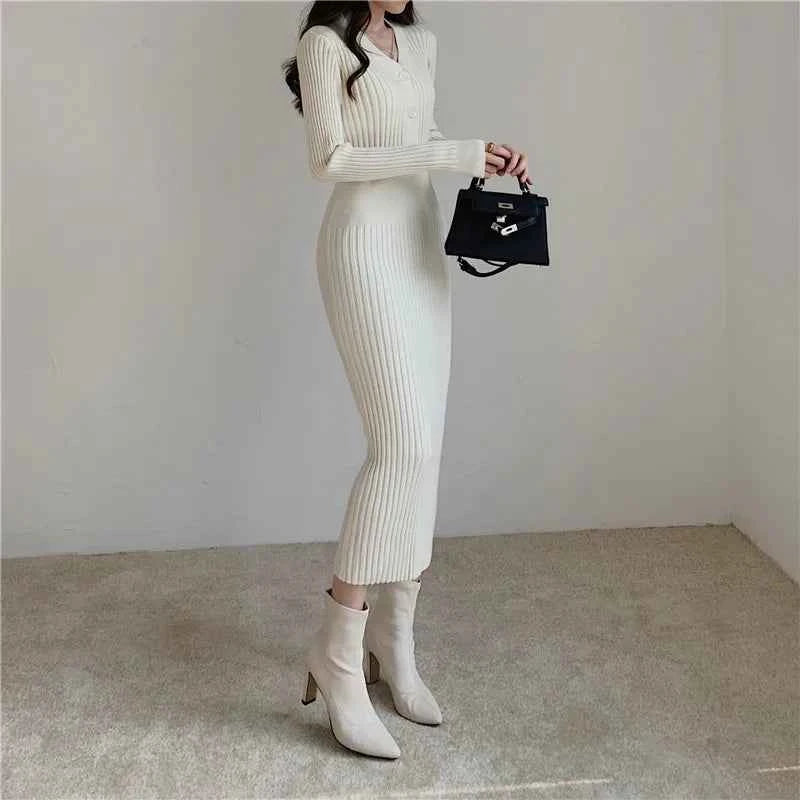 Autumn Winter Sweater Dress For Women 2024 New Arrivals Buttons Up V Neck High Waist Long Knitted Dress Korean Maxi Dresses
