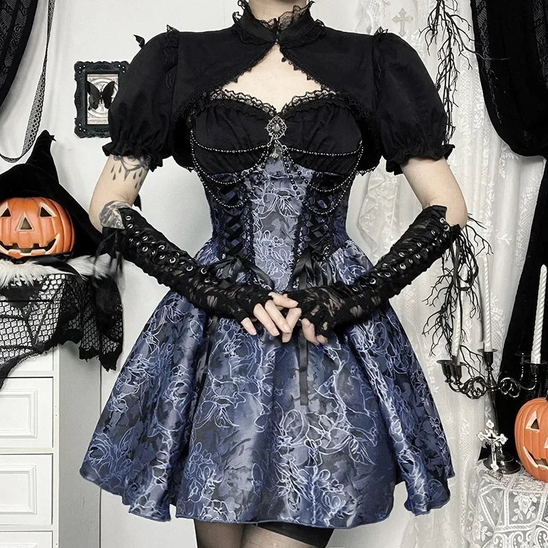 2024 New Vintage Gothic Purple Mini Dress Women Sexy Spaghetti Strap High Waist Dresses Punk Grunge Slim Party Club Dress Women