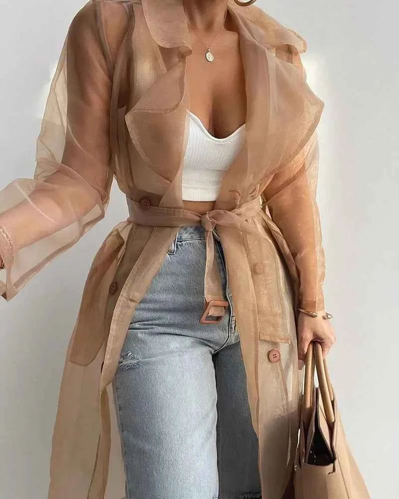 Joskaa Solid Organza See Through Lapel Full Sleeve Trench 2023 Summer Women Fashion Buttoned Coat with Belt Elegant Shirts