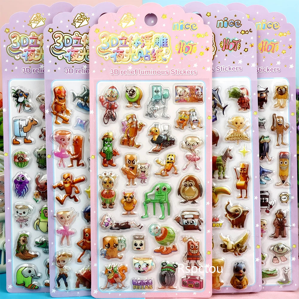 Cute Italian Brainrot Cartoon 3D Relief Stickers Funny Tung Tung Tung Sahur Bubble Decals Waterproof Decoration Sticker Toy