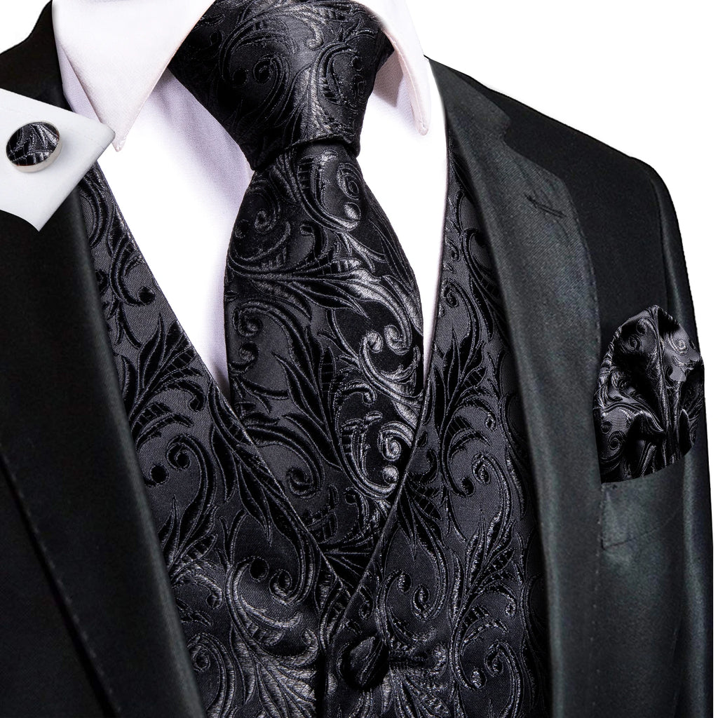 Men's Black Dress Vest Set with Tie Pocket Square Cufflinks - Jacquard Formal Tuxedo Waistcoat Suit Wedding Business Party