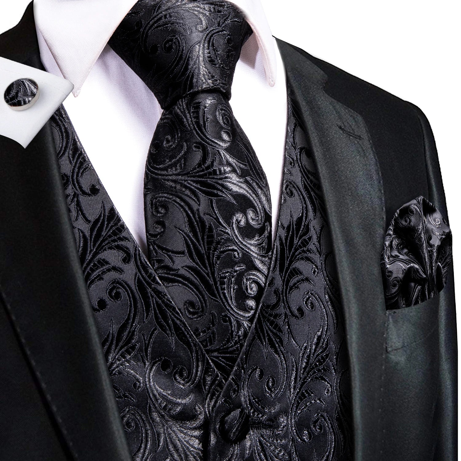 Men's Black Dress Vest Set with Tie Pocket Square Cufflinks - Jacquard Formal Tuxedo Waistcoat Suit Wedding Business Party