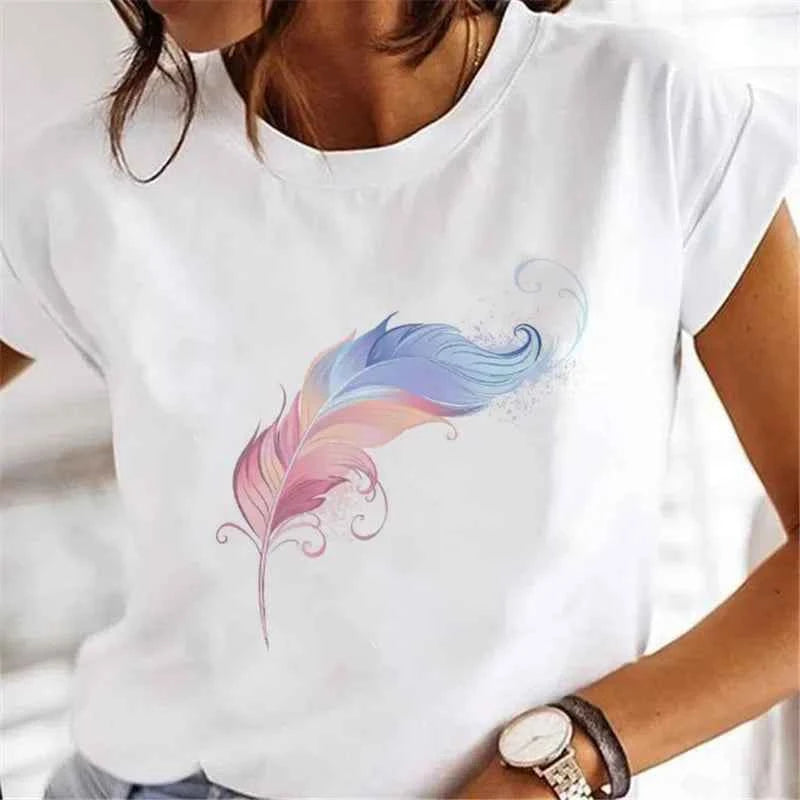 Women's Short-sleeved T-shirt Feather Fashion Print Instagram Base Shirt Women Clothes  Tops  Aesthetic Clothes Graphic T Shirts