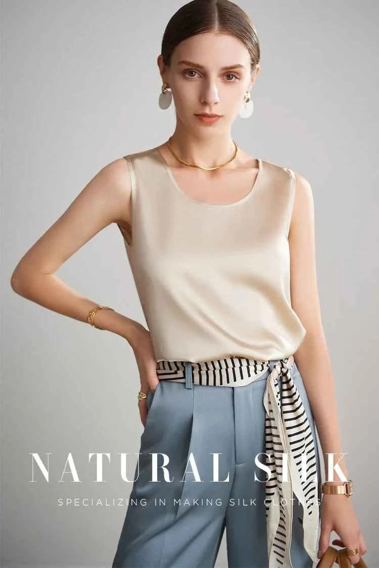 SuyaDream. Women Basic Cozy Tanks, 100%Real Silk, O neck Sleeveless Chic T Shirt, 2025 Solid Summer Vests, White, Pink, Beige