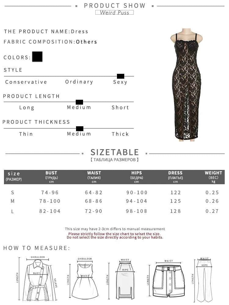 Weird Puss Lace Black Women Maxi Dress See Through Sleeveless Ladies Sexy Coquette Nightclub Party Bodycon Slim Fit Vestidos
