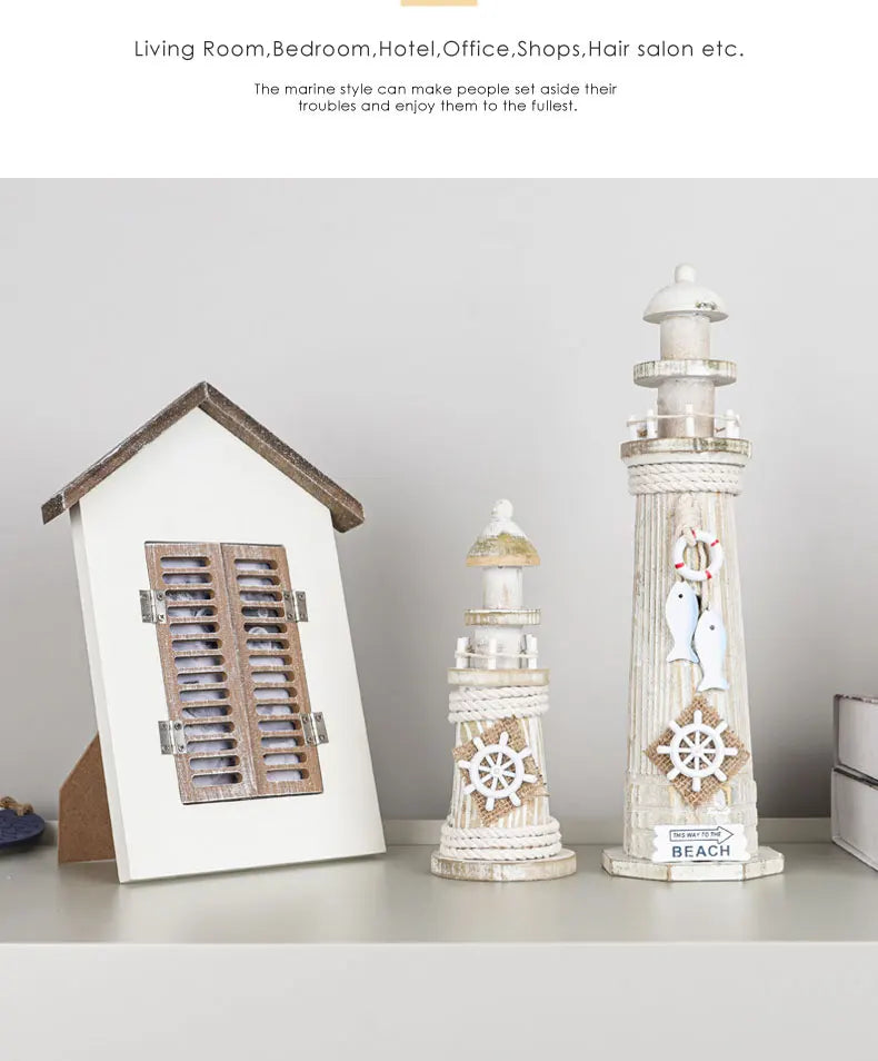 Mediterranean Style Home Decoration Figurines Desktop Ornaments Ocean Wooden Lighthouse Model Wood Ship Crafts Wall Decor Plaque