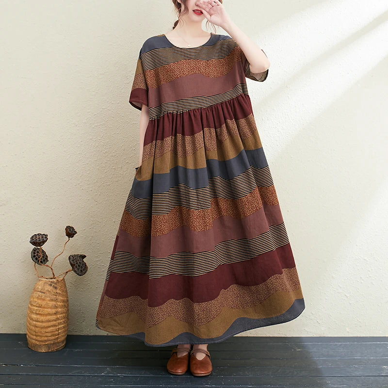 2026 New Summer Cotton Linen Short Sleeve Vintage Striped Print Dresses For Women Long Fashion Dress Elegant Vestidos Robe Femme
