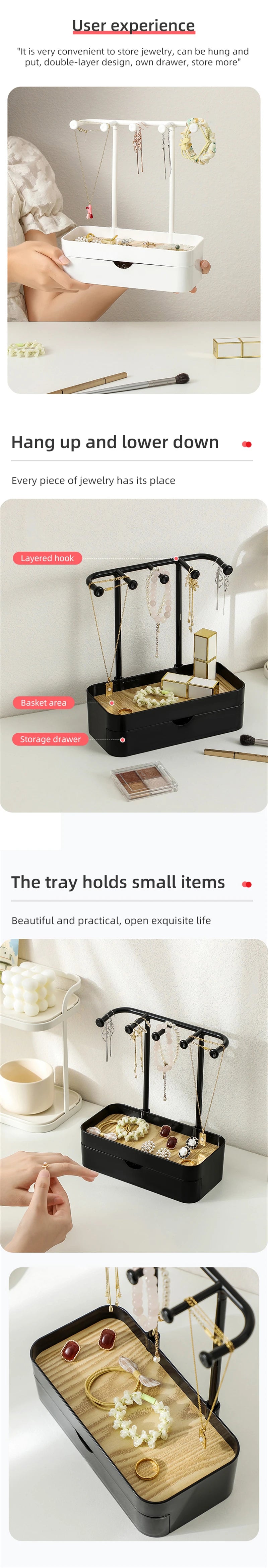 Jewelry Organizer Display Stand Rack With Wooden Tray For Earrings Bracelet Necklaces Rings Storage Hanging Organizer Holder