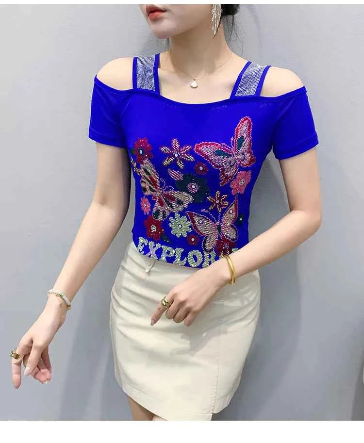 New Arrival Summer European Clothes Women's T-Shirts Chic Luxury Butterfly Hot Diamonds Tees Sexy Girl Slim Streetwear Tops