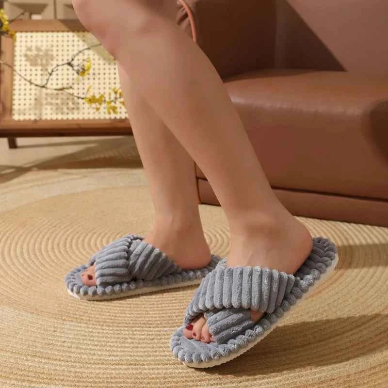 Fashion Corduroy Cross Band Home Slippers Women Spring Autumn Warm Plush Slides Woman Indoor Bedroom Soft Sole Cotton Slippers