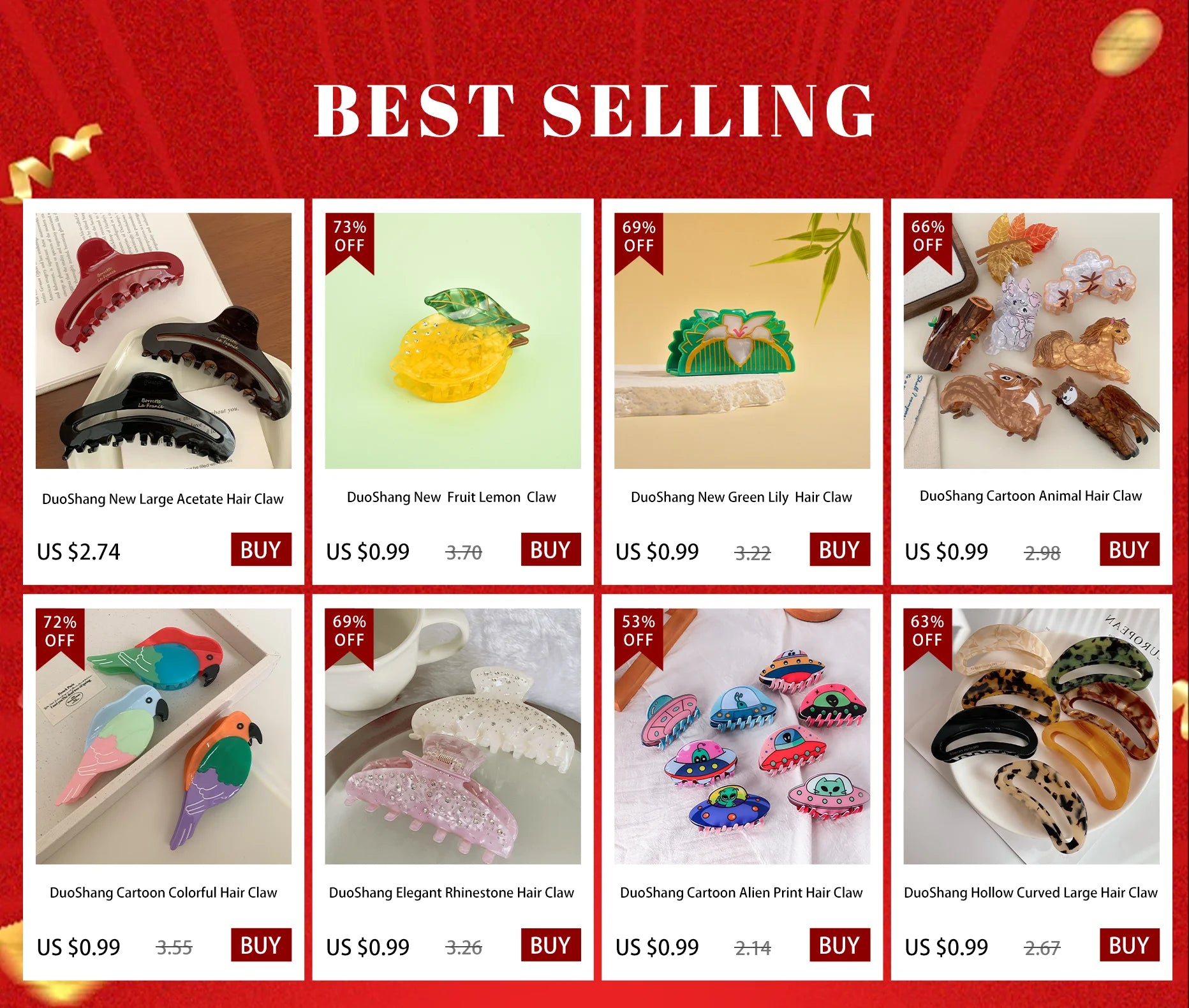DuoShang Sweet Colorful Rhinestone Hair Claw Acetate Claw Clips Valentine's Day Crab Hair Clips for Women Girls Hair Accessories