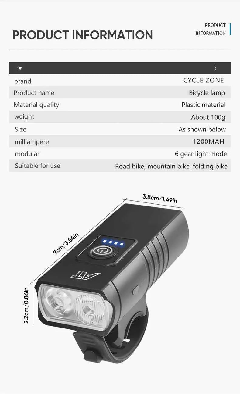 Bicycle Light T6 LED Bike Front Lamp 6 Modes Cycling Lantern Type-C Rechargeable MTB Bike Headlight Flashlight for Night Riding