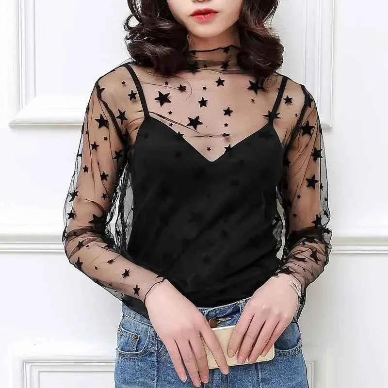 Spring Summer Women Sexy Black Mesh Tops Bottoming T Shirts Transparent Sheer Blouses Turtleneck Streetwear Tees Sunscreen Top