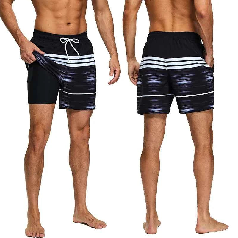 ESCATCH 2026 Summer New Arrival Mens Shorts 2 in 1 Quick Dry Gym Printing Swim Trunks Beach Side Zipper Pockets Swimsuit