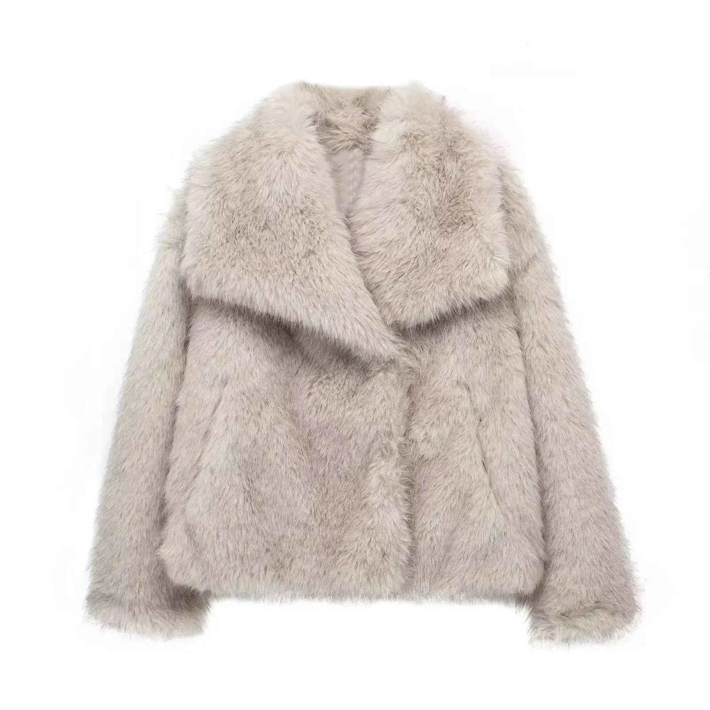 HH Women Fashion Cropped Faux Fur Jacket Coat Long Sleeve Front Snap-button Female Outerwear Chic Lapel Collar Thick Coat