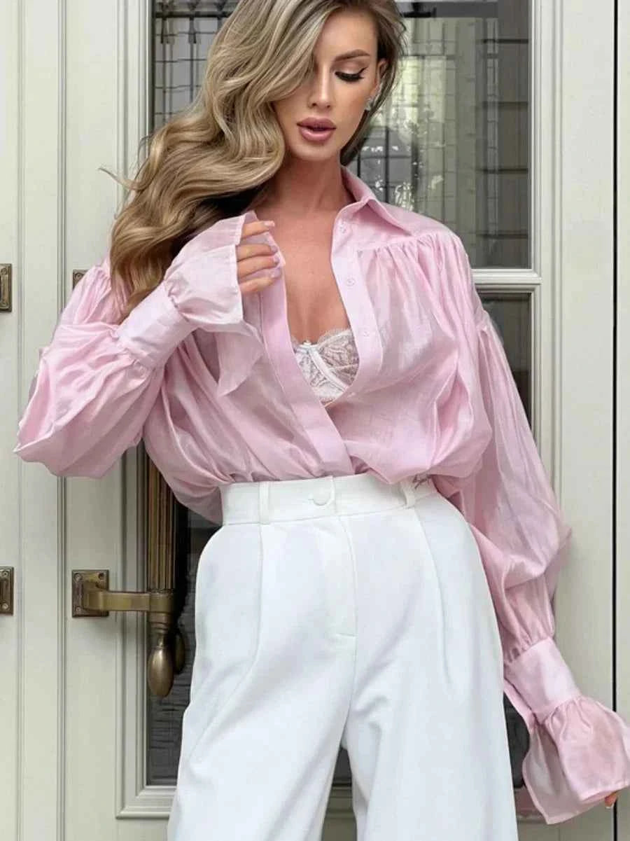 Bornladies Autumn Women's Fashionable Loose Collared Shirt Office Lady Solid Color Versatile Flare sleeve Top Long Sleeved Shirt