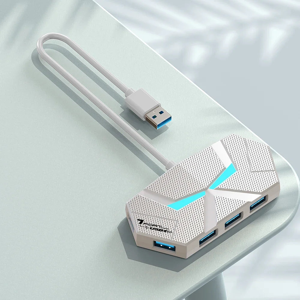 1.2M 7-in-1 White Color 7-Port USB 3.0 Hub Type-C Dock – 5Gbps High-Speed Data
