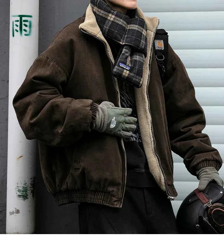 Japanese Vintage Polar Fleece Jacket Men Winter High Quality Thick Jacket Korean Streetwear Loose Couple Trendy Warm Coat Male