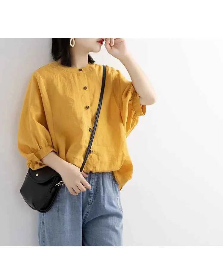 Cotton and linen shirt women's spring and summer thin solid color lantern sleeve stand collar top loose large size shirt