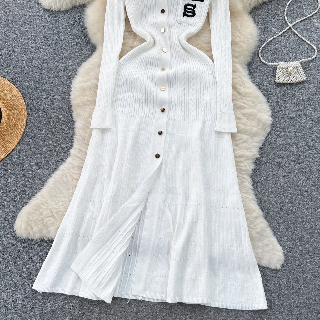 SINGREINY Autumn Winter Wear Dress Women Polo Single Breasted Pocket Design Bodycon Knitting Temperament Sweater Long Dresses