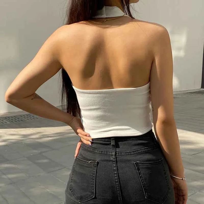 Women's Sexy Spice Hanging Neck Backless Small Suspenders Slim Short Neckline Solid Color Threaded Peplum Short Tops