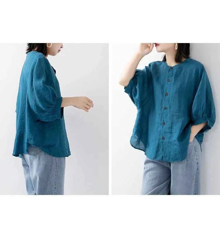 Cotton and linen shirt women's spring and summer thin solid color lantern sleeve stand collar top loose large size shirt