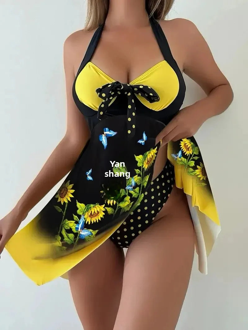New 2025 Women's Two-Piece Bikini Set Yellow Sunflower Print Maxi Dress Style Swimsuit Floral Patterned Separate Swimsuit