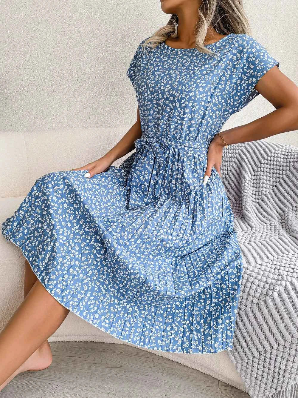 Ficusrong Fashion Floral Pleated A Line Long Dress Women Spring Summer Short Sleeve High Waist Chic Dress